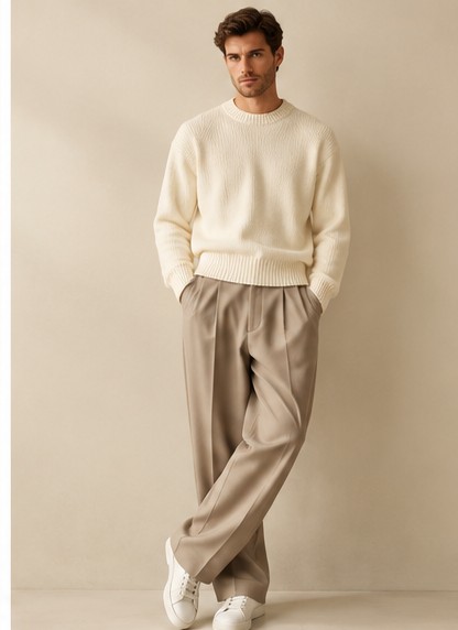 Cream knit sweater and tailored trousers